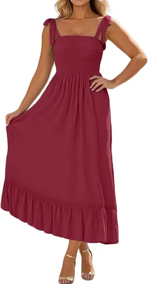Women's Tie Shoulder Maxi Dresses Summer Boho Spaghetti Strap Square Neck Dress Ruffle Pleated A Line Beach Long Dress