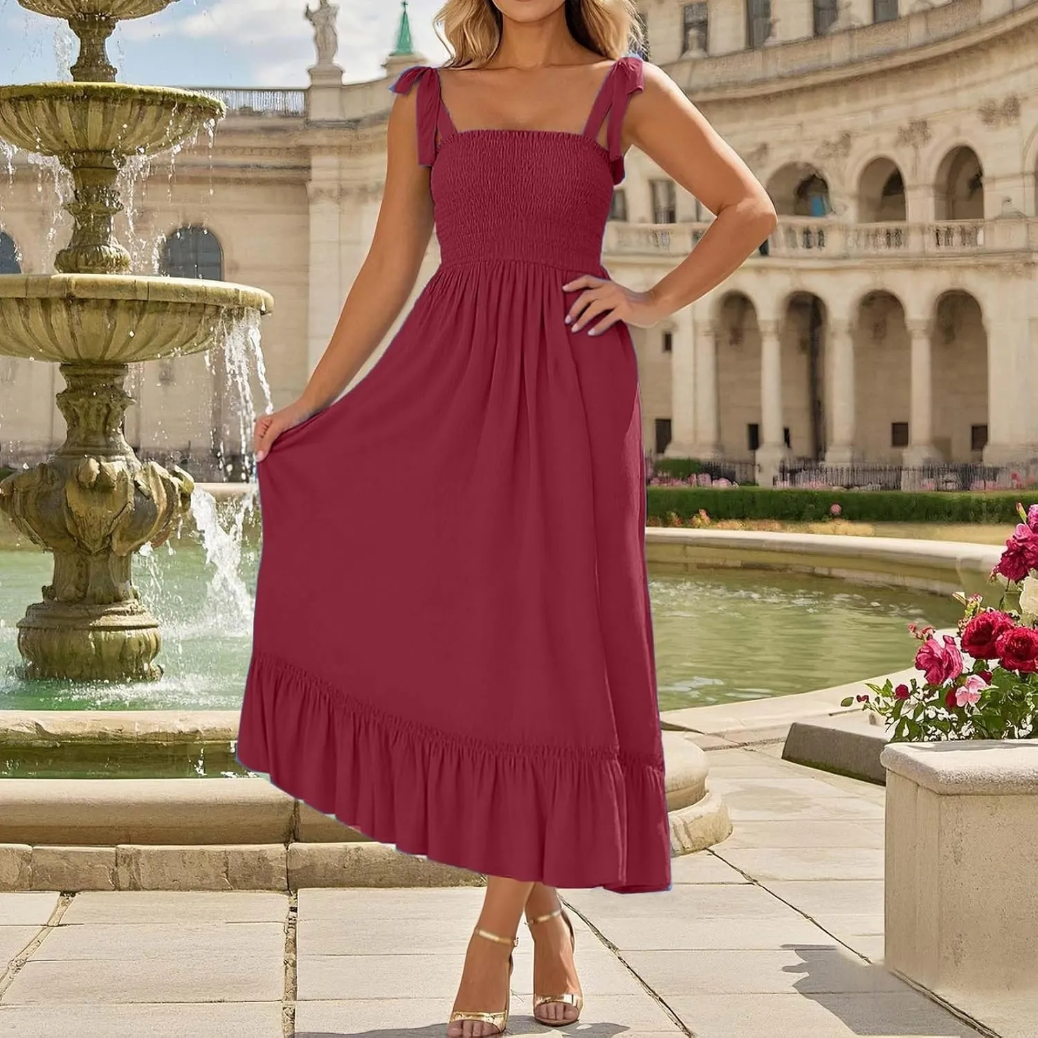 Women's Tie Shoulder Maxi Dresses Summer Boho Spaghetti Strap Square Neck Dress Ruffle Pleated A Line Beach Long Dress