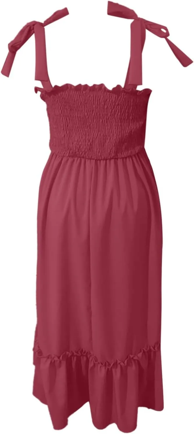 Women's Tie Shoulder Maxi Dresses Summer Boho Spaghetti Strap Square Neck Dress Ruffle Pleated A Line Beach Long Dress