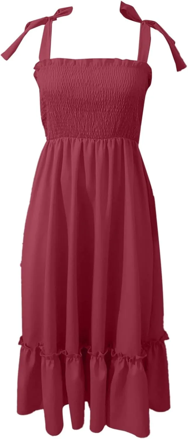 Women's Tie Shoulder Maxi Dresses Summer Boho Spaghetti Strap Square Neck Dress Ruffle Pleated A Line Beach Long Dress