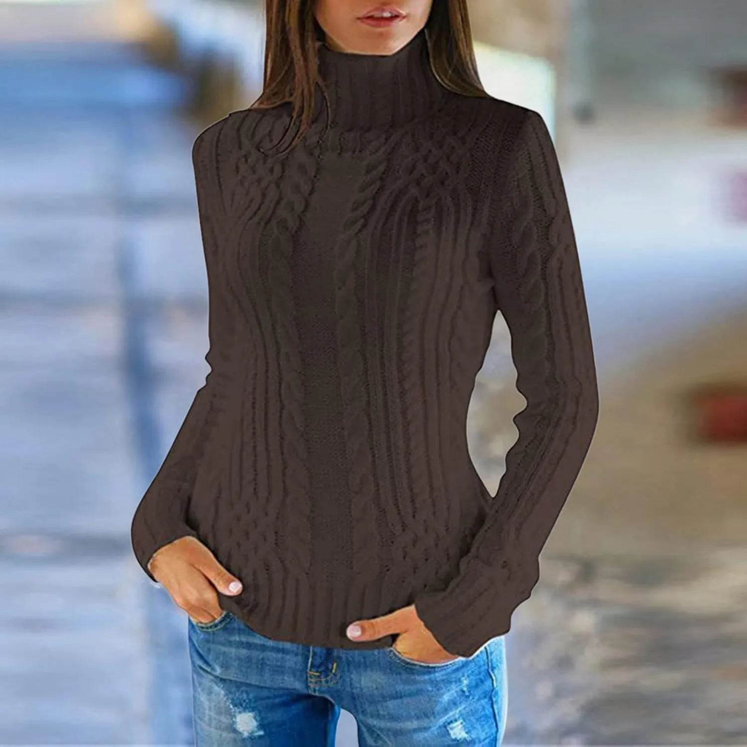 Women's Turtleneck Knit Pullover Long Sleeve Casual Oversized Sweater Tops Womens Fall Tops Ribbed Knit Sweater