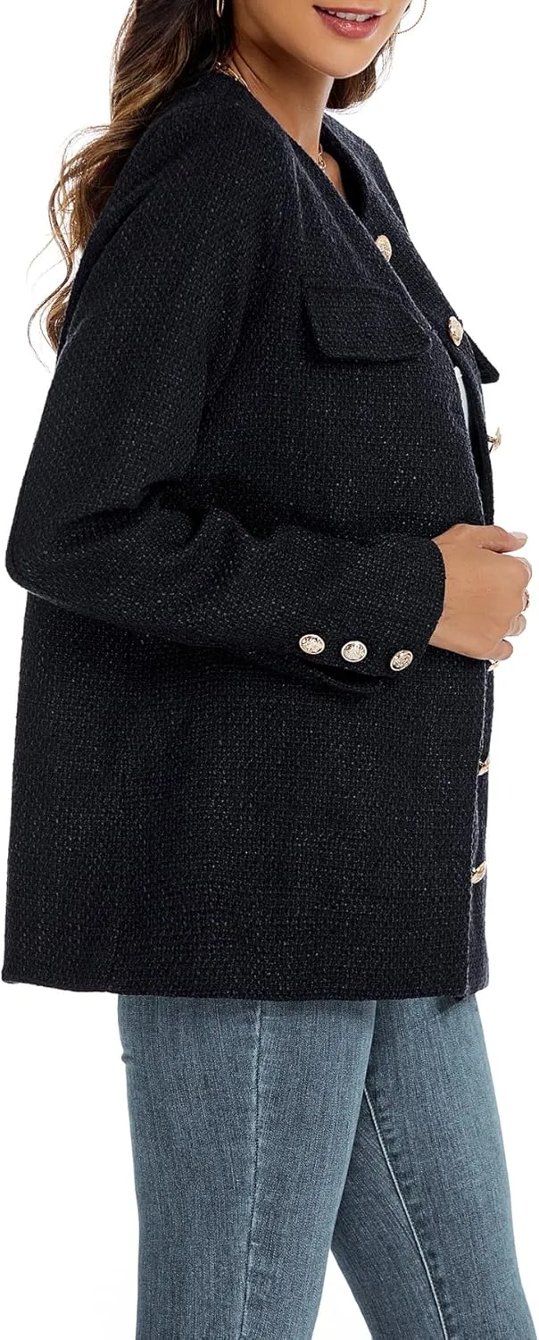 Women's Tweed Blazer Jackets Crewneck Button Down Business Jackets Casual Elegant Work Office Jacket