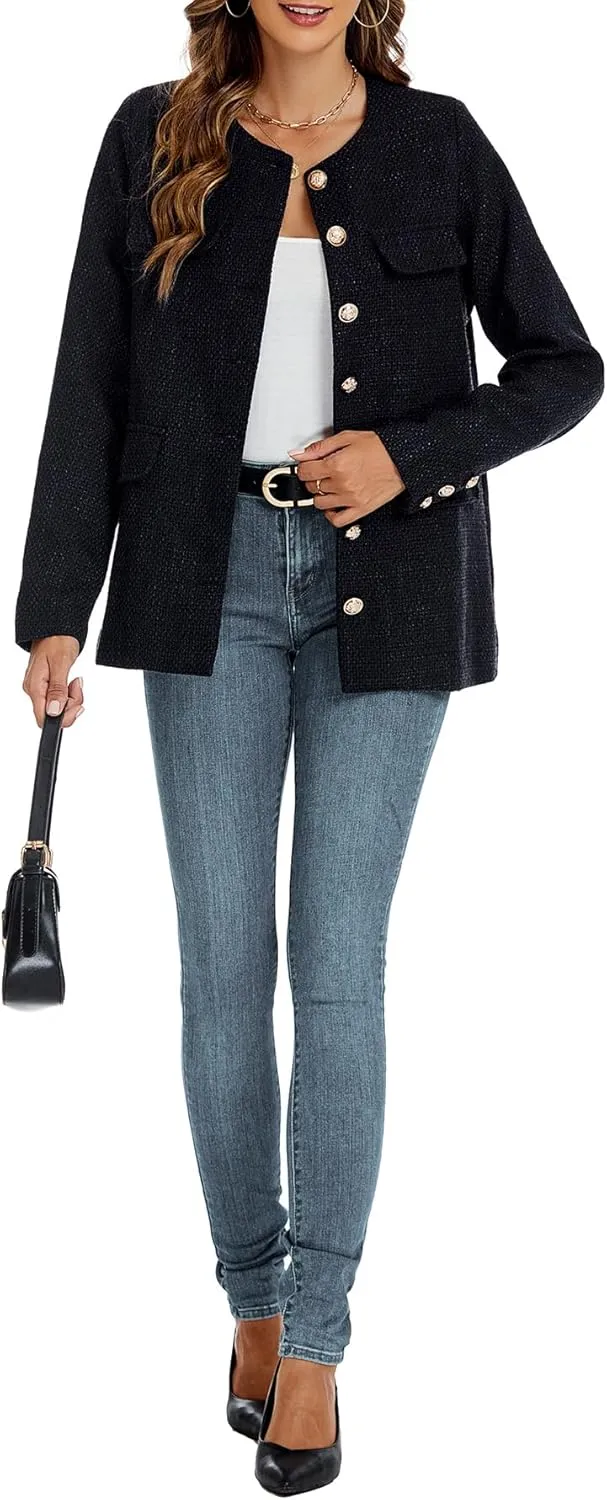 Women's Tweed Blazer Jackets Crewneck Button Down Business Jackets Casual Elegant Work Office Jacket
