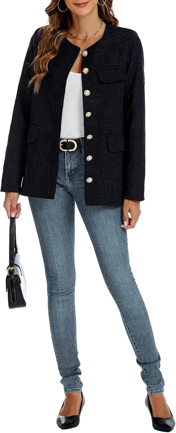 Women's Tweed Blazer Jackets Crewneck Button Down Business Jackets Casual Elegant Work Office Jacket