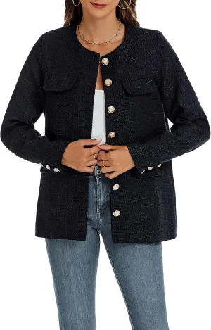 Women's Tweed Blazer Jackets Crewneck Button Down Business Jackets Casual Elegant Work Office Jacket