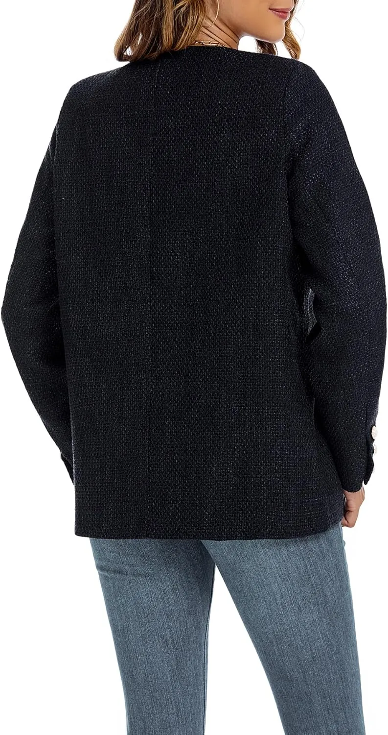 Women's Tweed Blazer Jackets Crewneck Button Down Business Jackets Casual Elegant Work Office Jacket