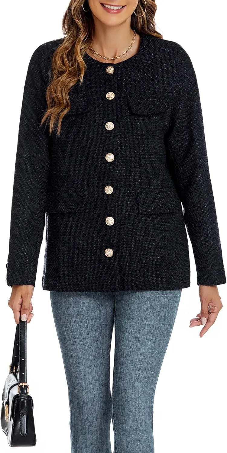 Women's Tweed Blazer Jackets Crewneck Button Down Business Jackets Casual Elegant Work Office Jacket