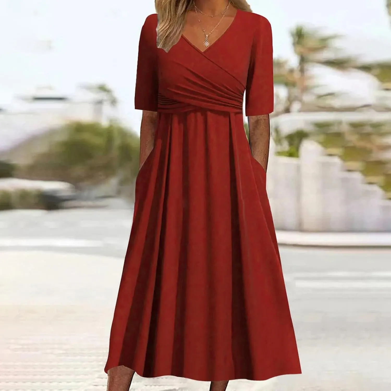 Women's V Neck Short Flared Sleeve Wedding Guest Dress Smocked Elastic Waist Tiered Belted Ruffle Hem Dress
