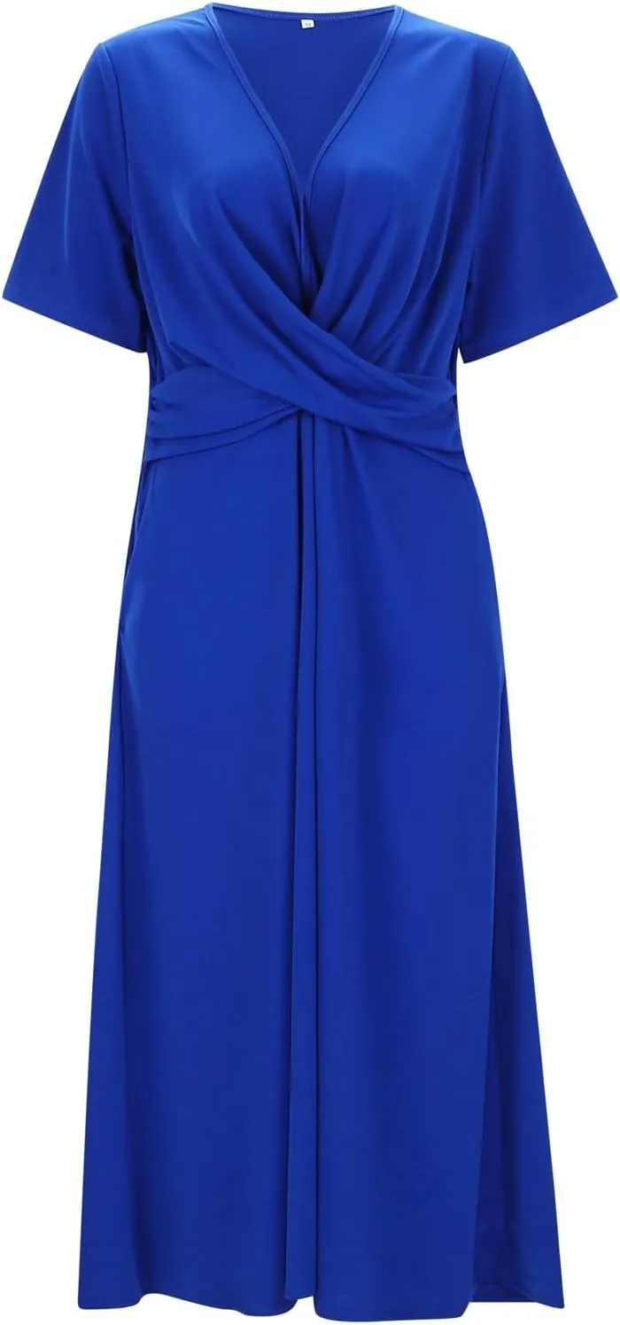 Women's V Neck Short Flared Sleeve Wedding Guest Dress Smocked Elastic Waist Tiered Belted Ruffle Hem Dress