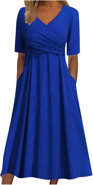 Women's V Neck Short Flared Sleeve Wedding Guest Dress Smocked Elastic Waist Tiered Belted Ruffle Hem Dress