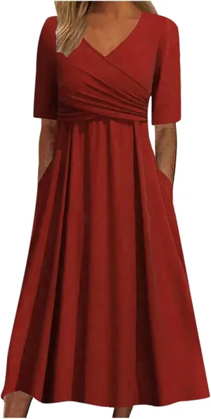 Women's V Neck Short Flared Sleeve Wedding Guest Dress Smocked Elastic Waist Tiered Belted Ruffle Hem Dress