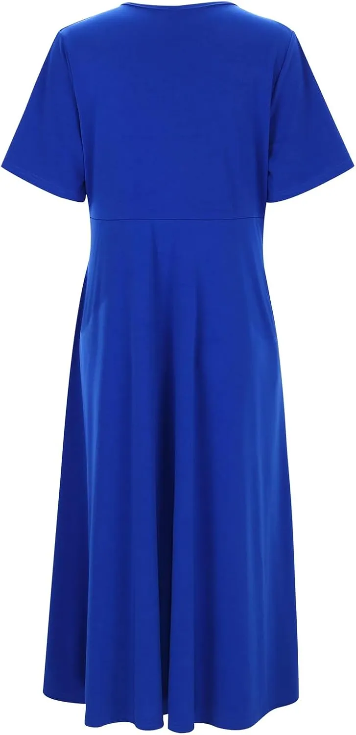 Women's V Neck Short Flared Sleeve Wedding Guest Dress Smocked Elastic Waist Tiered Belted Ruffle Hem Dress