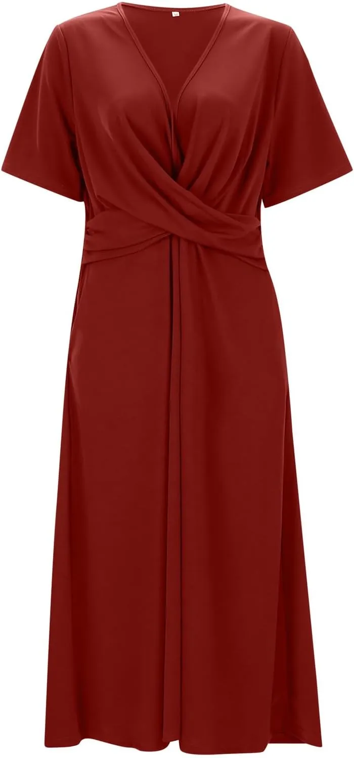Women's V Neck Short Flared Sleeve Wedding Guest Dress Smocked Elastic Waist Tiered Belted Ruffle Hem Dress