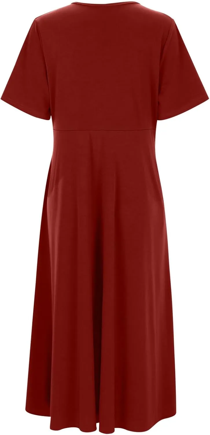 Women's V Neck Short Flared Sleeve Wedding Guest Dress Smocked Elastic Waist Tiered Belted Ruffle Hem Dress