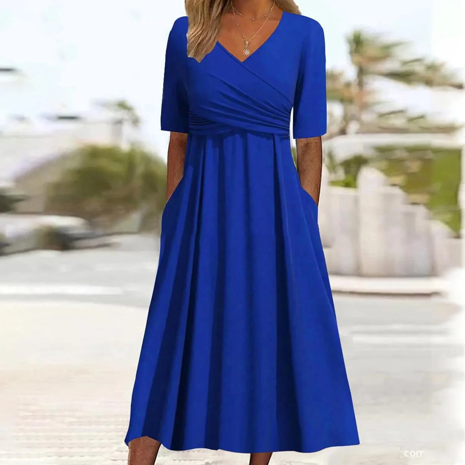 Women's V Neck Short Flared Sleeve Wedding Guest Dress Smocked Elastic Waist Tiered Belted Ruffle Hem Dress
