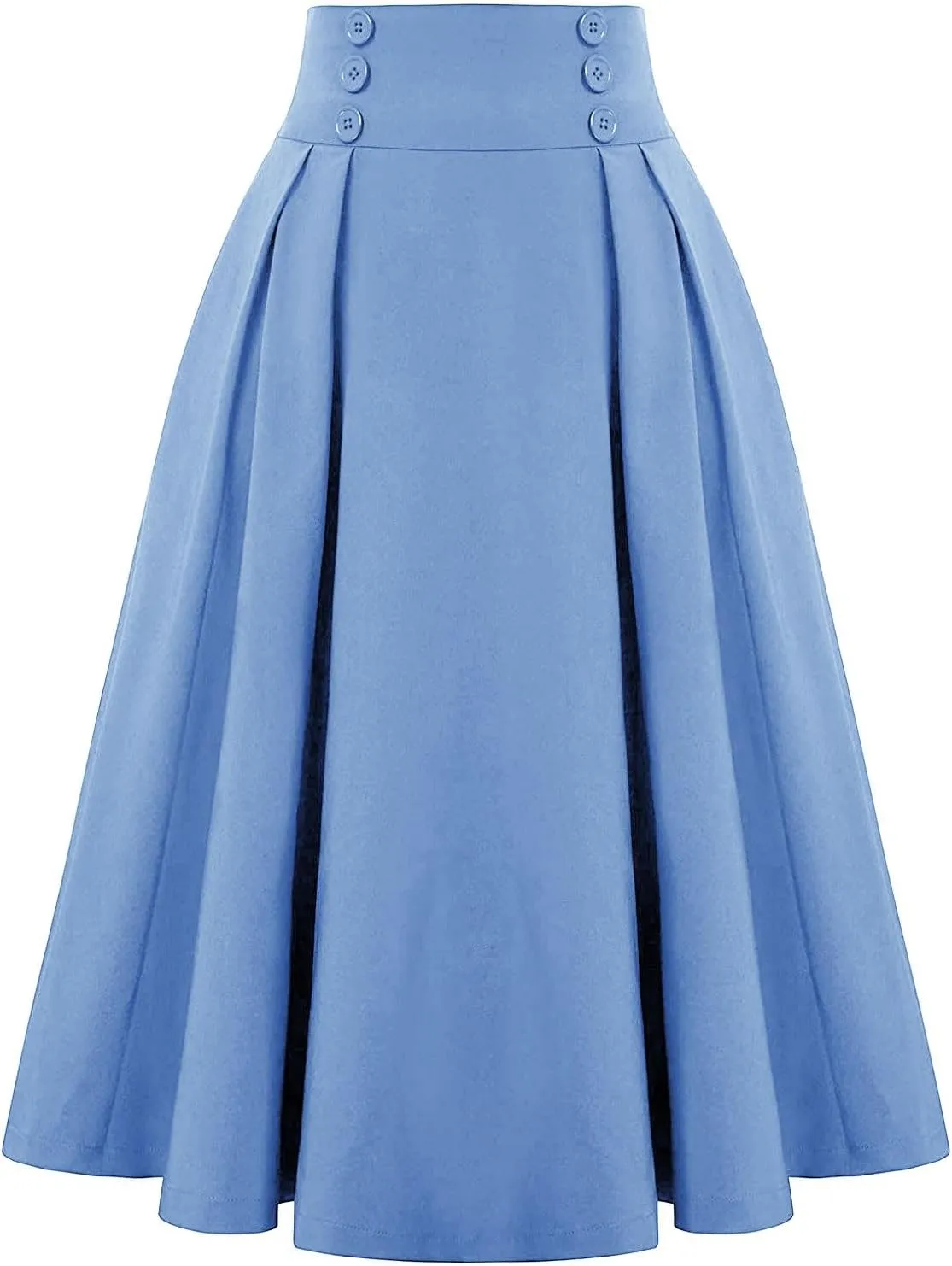 Women's Vintage High Waisted Skirts Casual Button Deco Midi A-Line Skirt Elastic Waist Flowy Skirts with Pockets