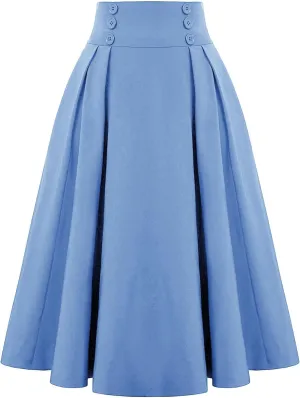 Women's Vintage High Waisted Skirts Casual Button Deco Midi A-Line Skirt Elastic Waist Flowy Skirts with Pockets