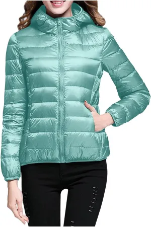 Womens Warm Windproof Solid Quilted Puffer Coat Long Sleeve Hooded Down Coat Warm Slim Pockets Overcoat Winter Clothes