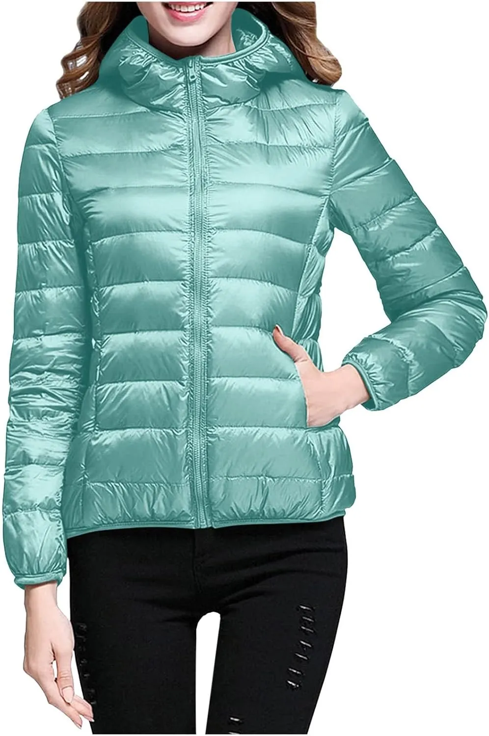 Womens Warm Windproof Solid Quilted Puffer Coat Long Sleeve Hooded Down Coat Warm Slim Pockets Overcoat Winter Clothes