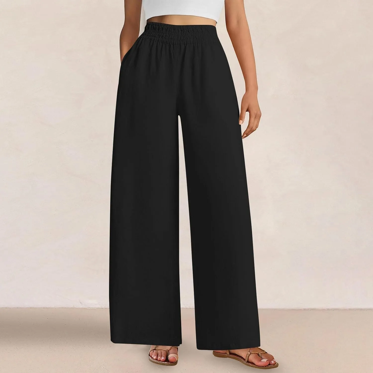Womens Wide Leg Linen Pants 2025 Summer Casual Palazzo Pants Smocked Elastic Waist Spring Beach Trousers with Pockets