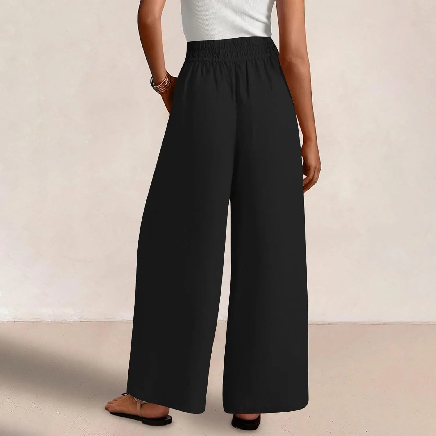 Womens Wide Leg Linen Pants 2025 Summer Casual Palazzo Pants Smocked Elastic Waist Spring Beach Trousers with Pockets