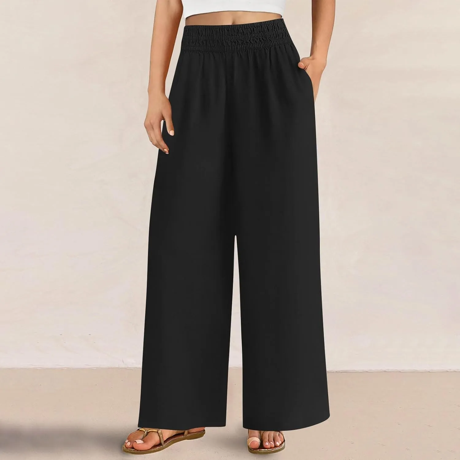 Womens Wide Leg Linen Pants 2025 Summer Casual Palazzo Pants Smocked Elastic Waist Spring Beach Trousers with Pockets
