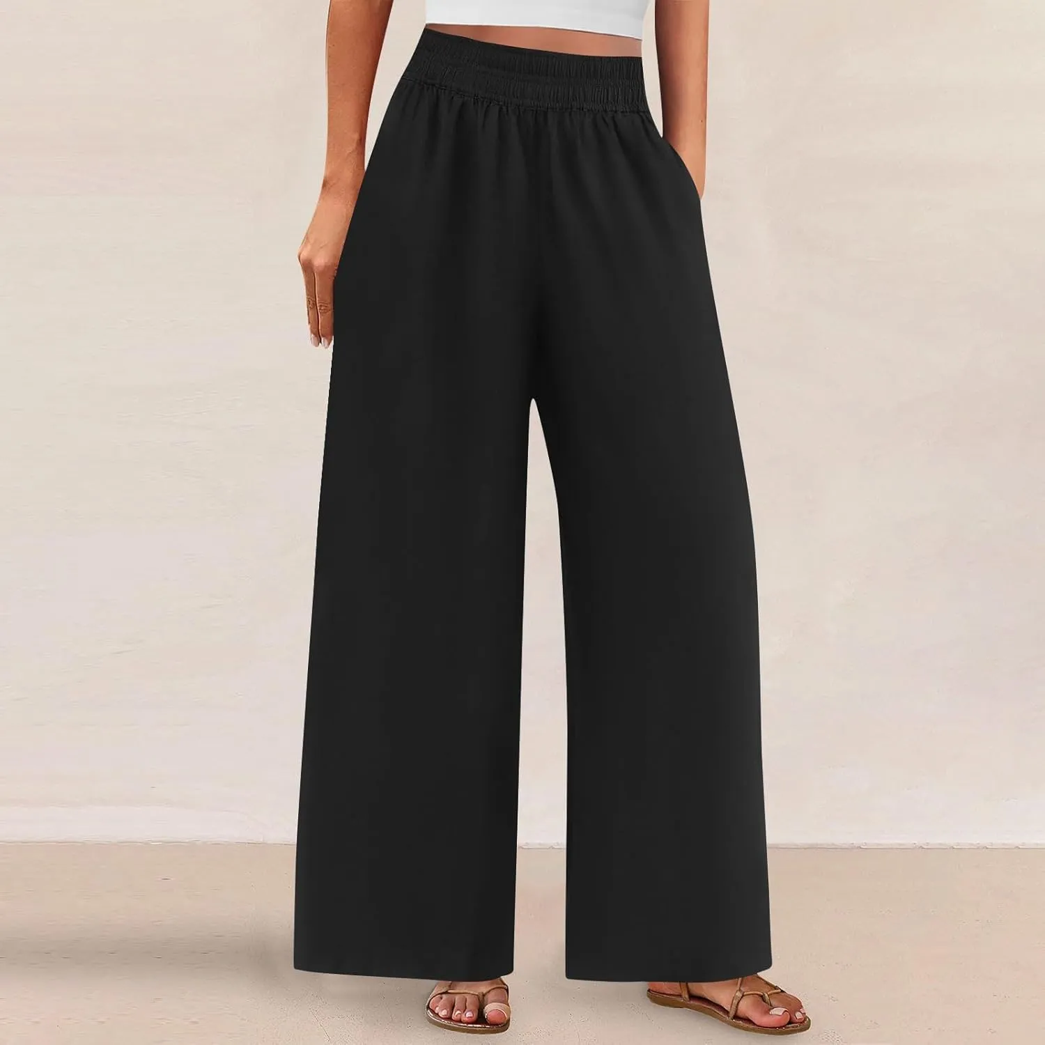 Womens Wide Leg Linen Pants 2025 Summer Casual Palazzo Pants Smocked Elastic Waist Spring Beach Trousers with Pockets