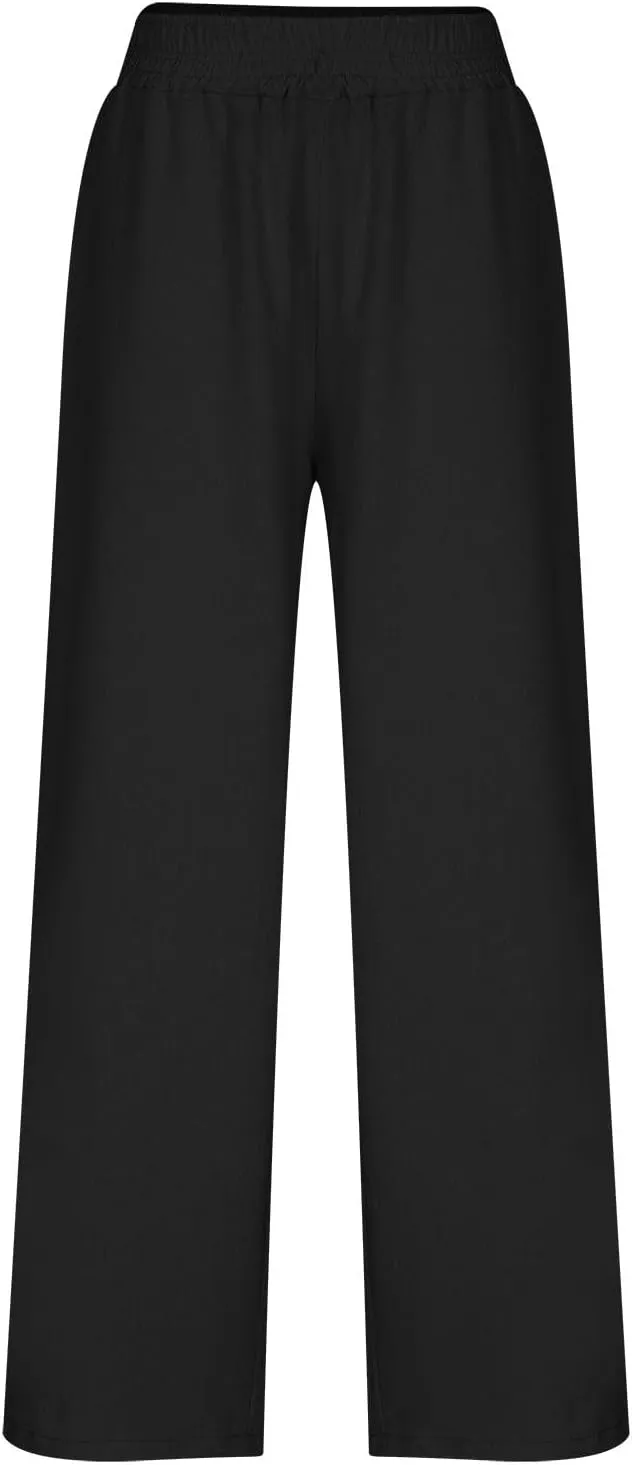 Womens Wide Leg Linen Pants 2025 Summer Casual Palazzo Pants Smocked Elastic Waist Spring Beach Trousers with Pockets