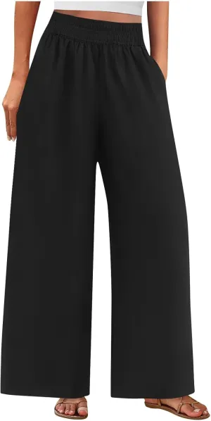 Womens Wide Leg Linen Pants 2025 Summer Casual Palazzo Pants Smocked Elastic Waist Spring Beach Trousers with Pockets