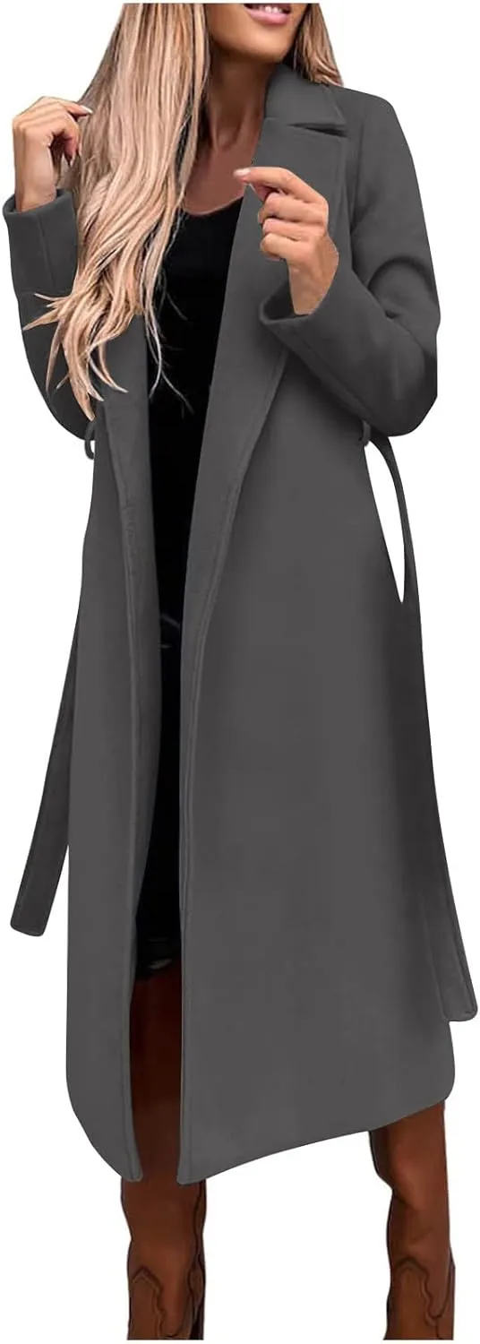 Womens Winter Belted Coats Notch Long Wrap Trench Coat Open Front Maxi Peacoats Thicken Wool Blend Winter Outerwear