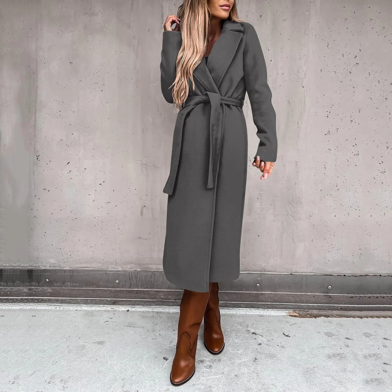 Womens Winter Belted Coats Notch Long Wrap Trench Coat Open Front Maxi Peacoats Thicken Wool Blend Winter Outerwear