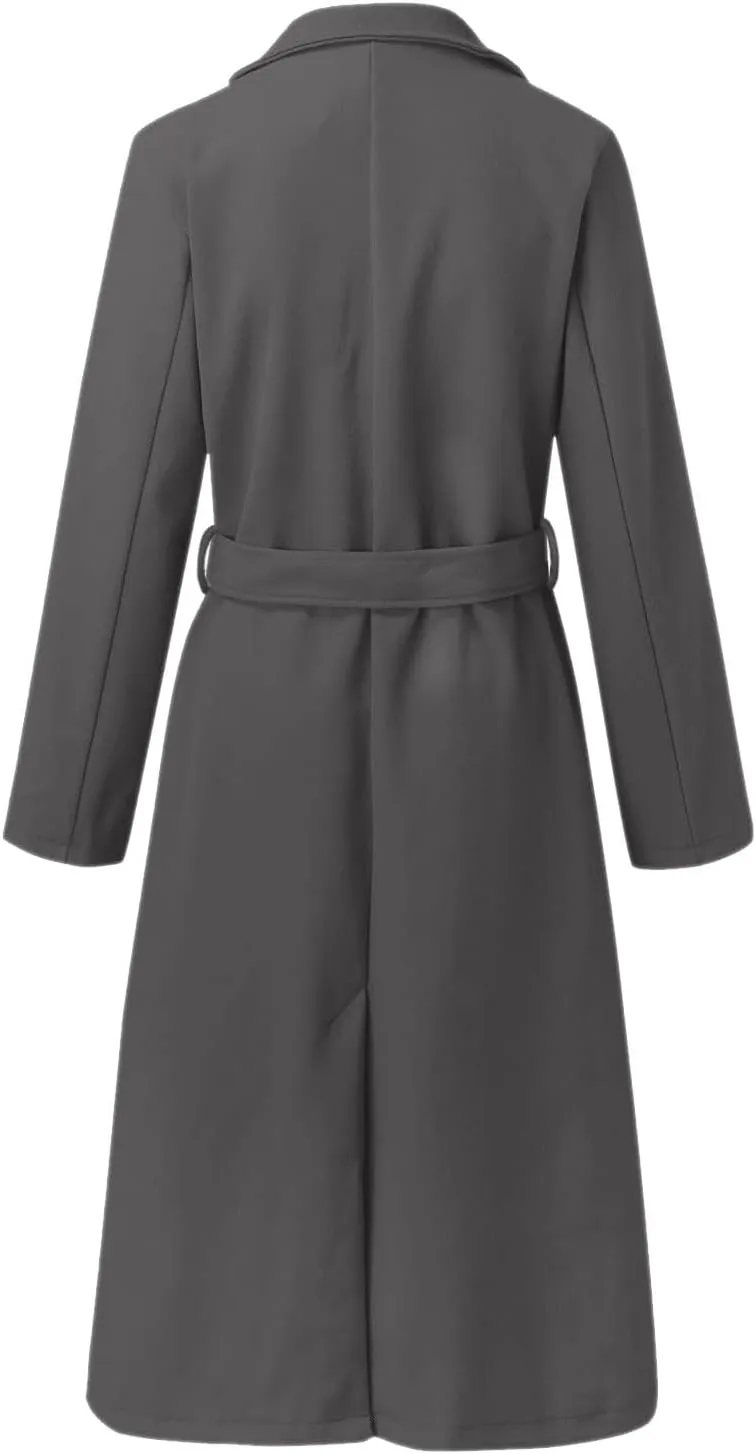 Womens Winter Belted Coats Notch Long Wrap Trench Coat Open Front Maxi Peacoats Thicken Wool Blend Winter Outerwear