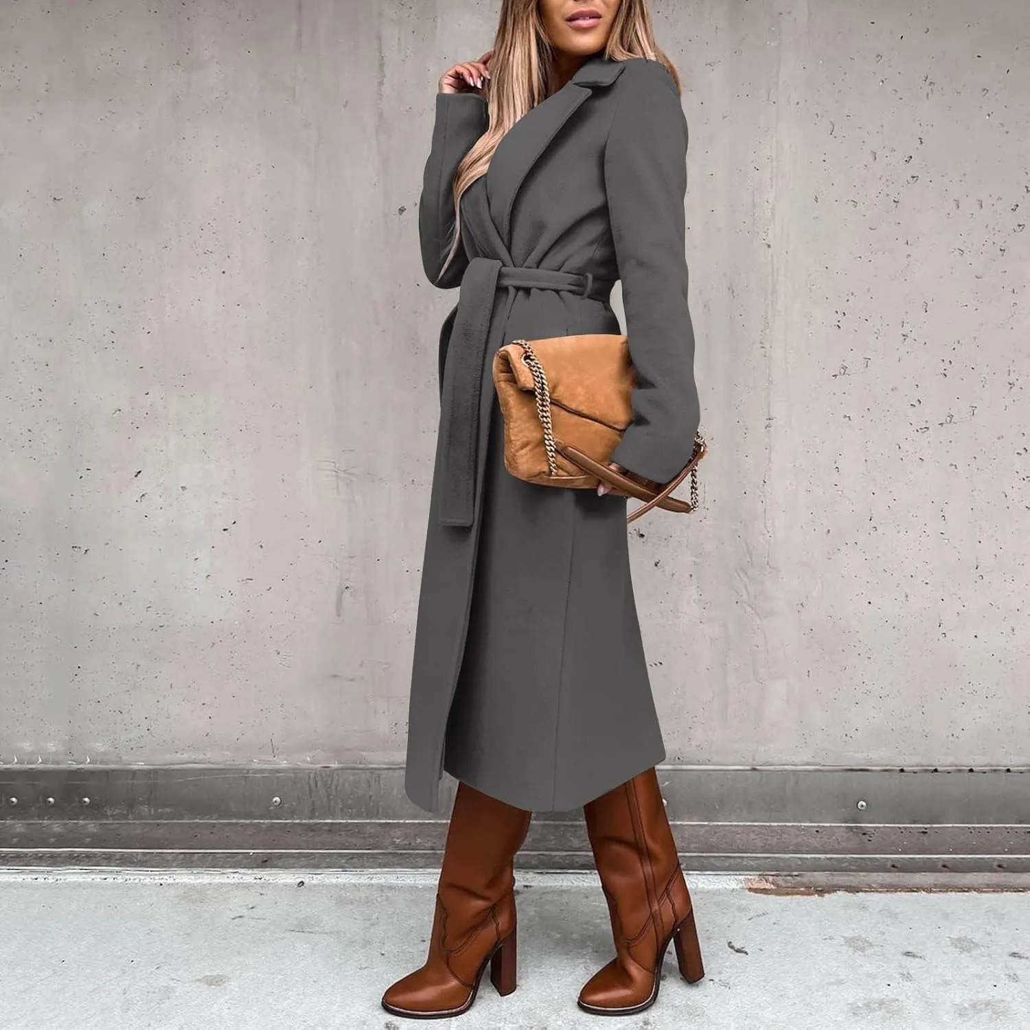 Womens Winter Belted Coats Notch Long Wrap Trench Coat Open Front Maxi Peacoats Thicken Wool Blend Winter Outerwear