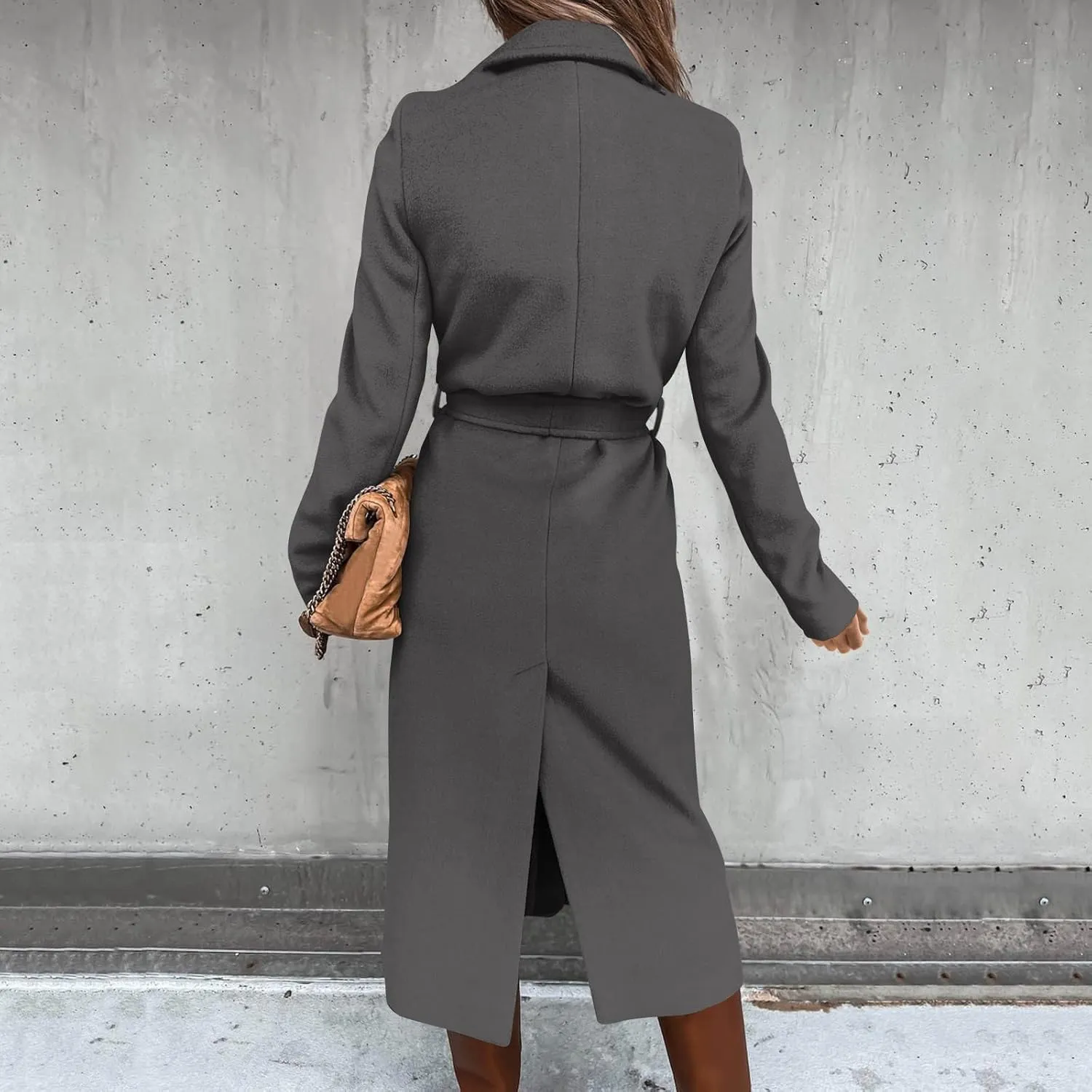 Womens Winter Belted Coats Notch Long Wrap Trench Coat Open Front Maxi Peacoats Thicken Wool Blend Winter Outerwear