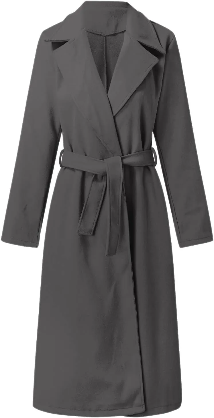 Womens Winter Belted Coats Notch Long Wrap Trench Coat Open Front Maxi Peacoats Thicken Wool Blend Winter Outerwear