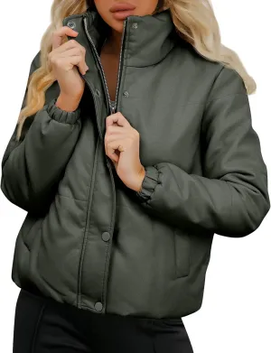 Women's Winter Puffer Jacket Long Sleeve Zip Up Quilted Baggy Warm Short Puffer Down Coats Hooded with Pockets