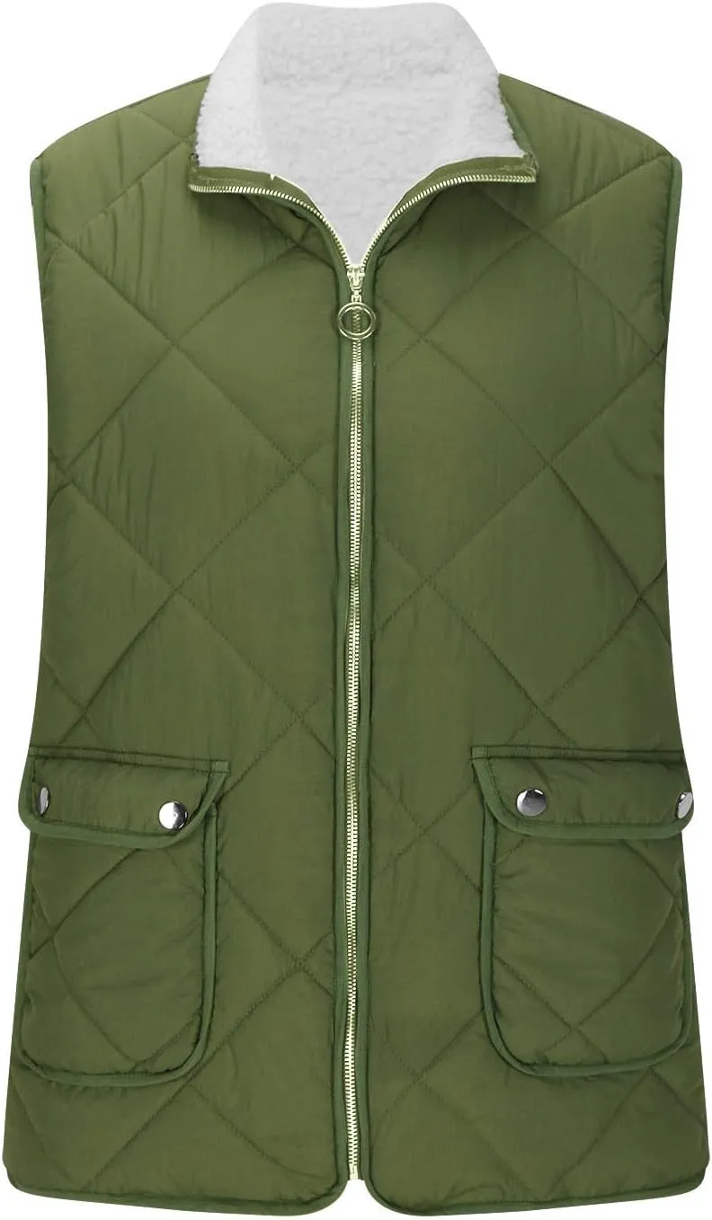 Women's Winter Quilted Vest Sherpa Sherpa Lined Zip Up Puffer Vest Jacket Sleeveless Outerwear Coats with Pockets