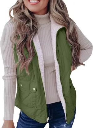 Women's Winter Quilted Vest Sherpa Sherpa Lined Zip Up Puffer Vest Jacket Sleeveless Outerwear Coats with Pockets