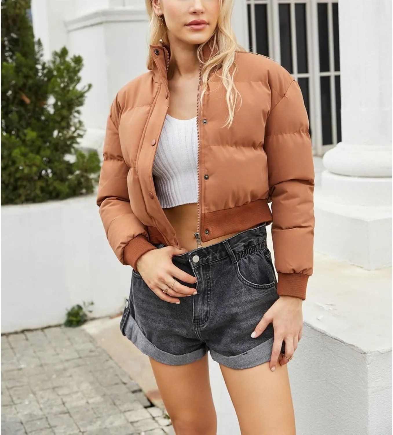 Women's Winter Short Puffer Jackets Lightweight Stand Collar Zip Up Down Coat Warm Quilted Jackets