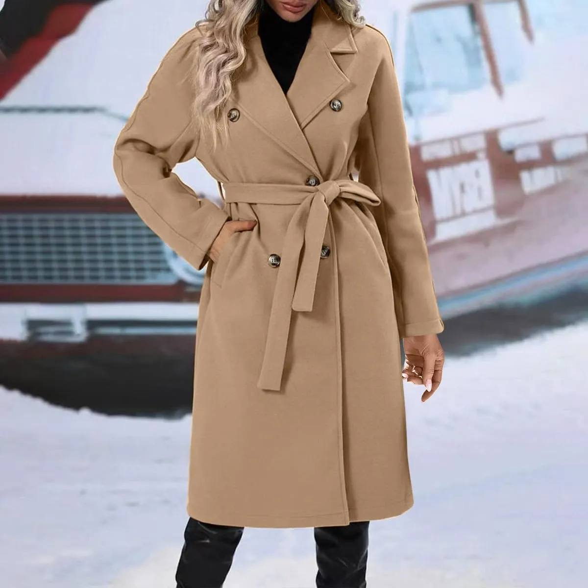 Women's Wool Blend Pea Coat Lapel Double Breasted Coat Trendy Warm Jacket Business Overcoat Trench Coats with Belt
