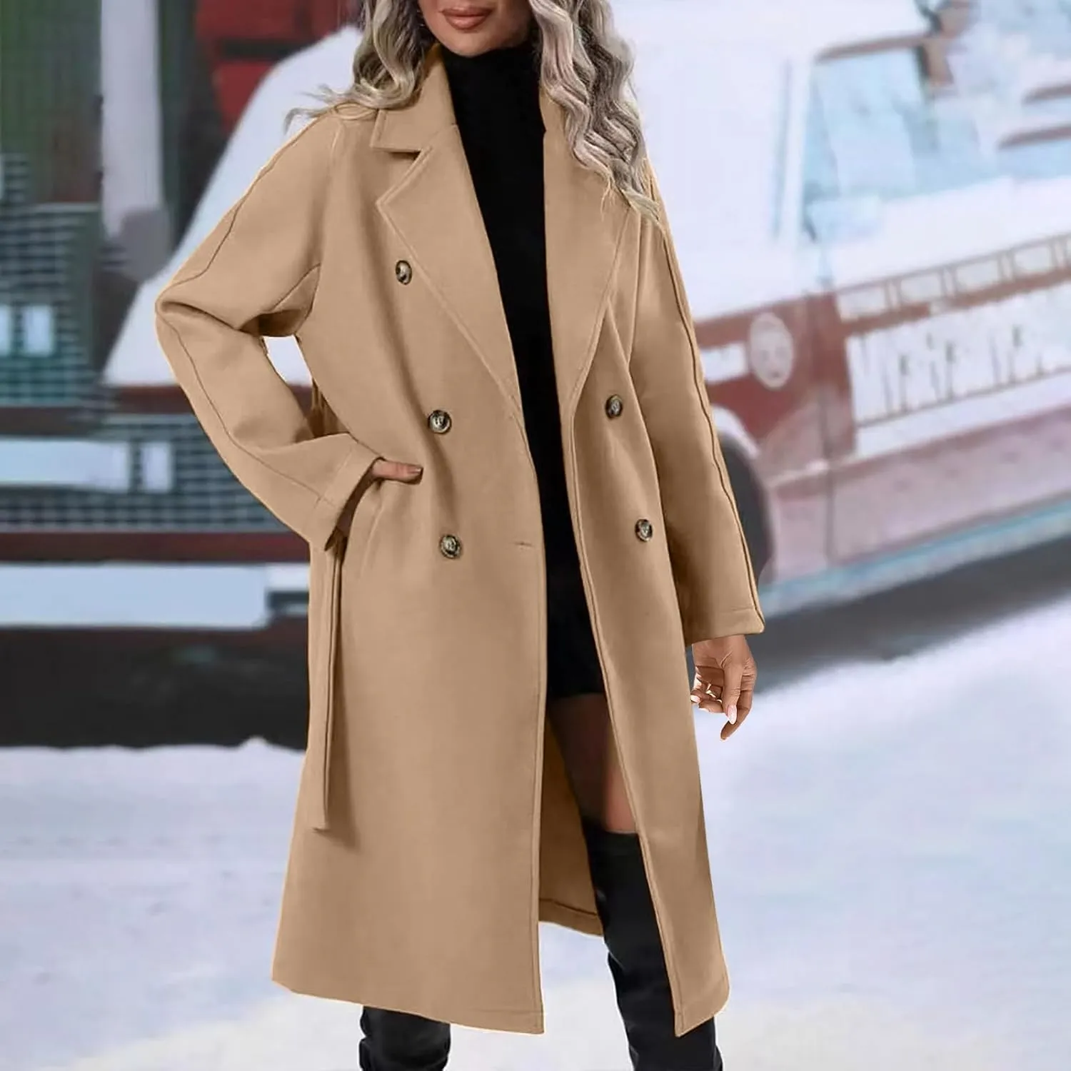 Women's Wool Blend Pea Coat Lapel Double Breasted Coat Trendy Warm Jacket Business Overcoat Trench Coats with Belt