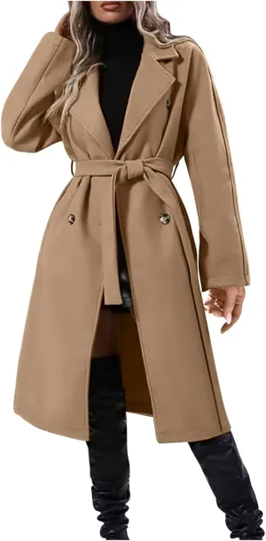 Women's Wool Blend Pea Coat Lapel Double Breasted Coat Trendy Warm Jacket Business Overcoat Trench Coats with Belt
