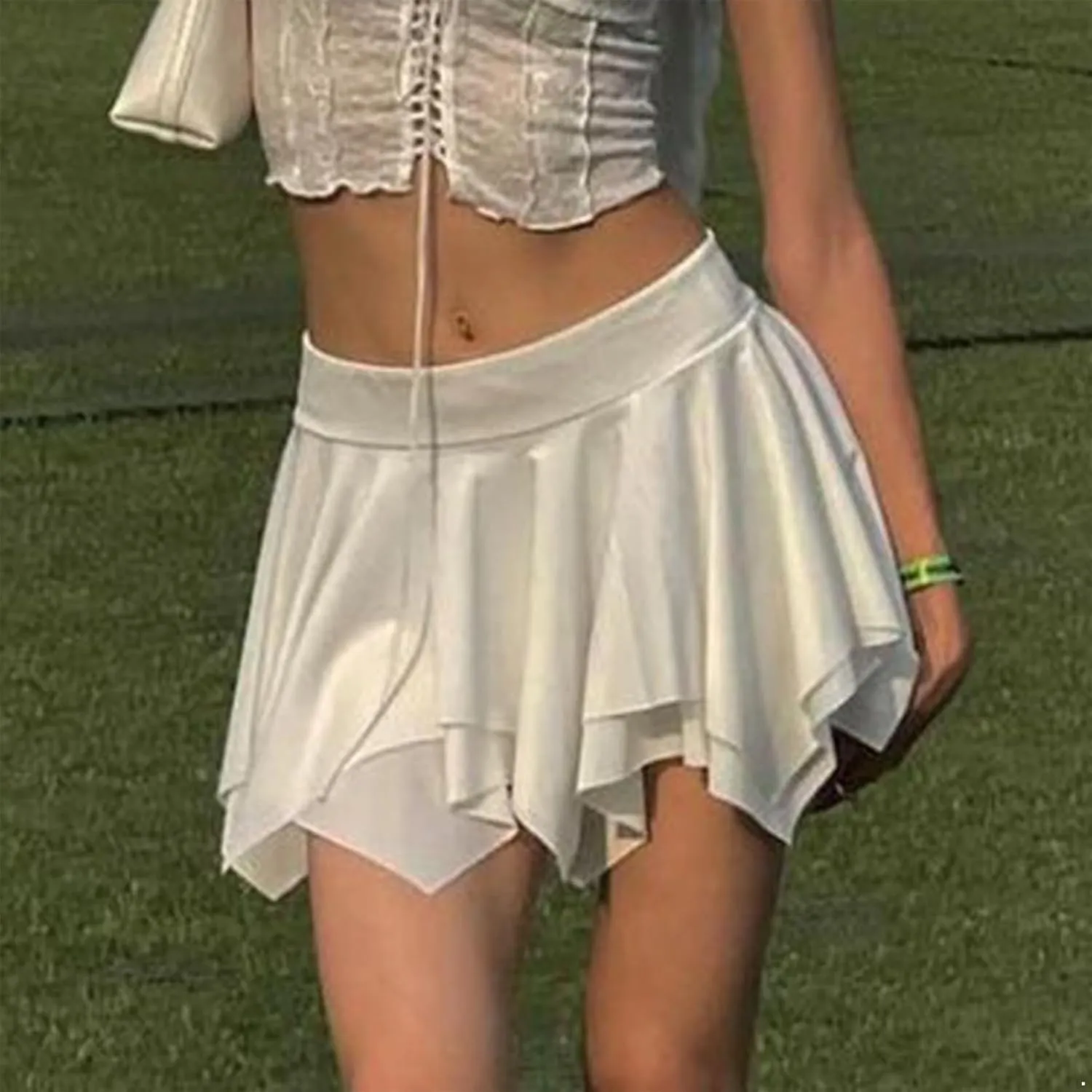 Womens Y2K Gothic Mini Pleated Skirts Double Layered Ruffles A-line Skirt Kawaii Bottoms