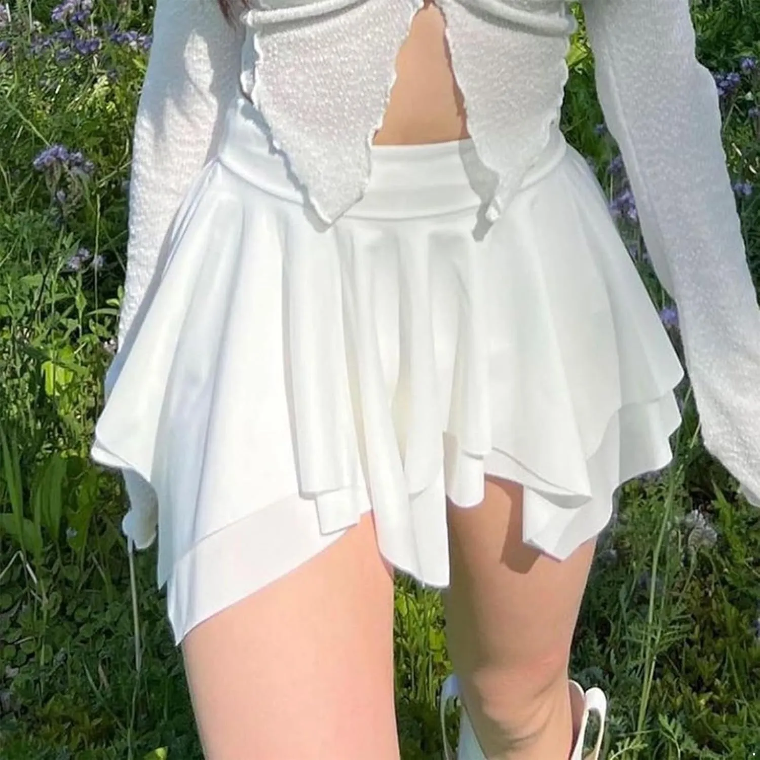 Womens Y2K Gothic Mini Pleated Skirts Double Layered Ruffles A-line Skirt Kawaii Bottoms