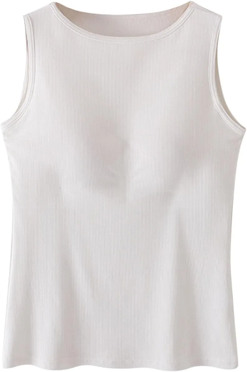 Womne Ribbed Tank Top with Built in Bra Sleevless Slim Fitted Push Up Padded Bra Tanks Shirt Teen Girls Basic Tee