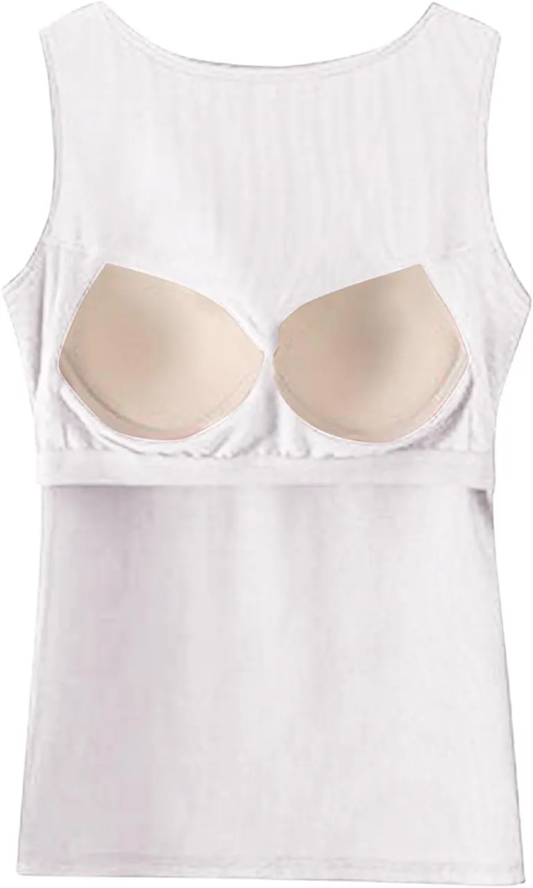 Womne Ribbed Tank Top with Built in Bra Sleevless Slim Fitted Push Up Padded Bra Tanks Shirt Teen Girls Basic Tee