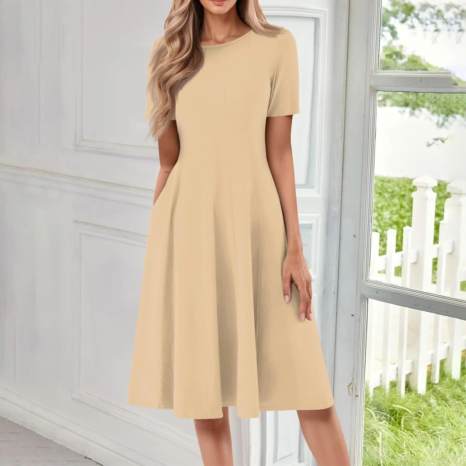 XOWRTE Women Summer Formal Dresses Casual Short Sleeve Midi Dresses Crewneck Solid Color Cocktail Dresses Wedding Guest Dress