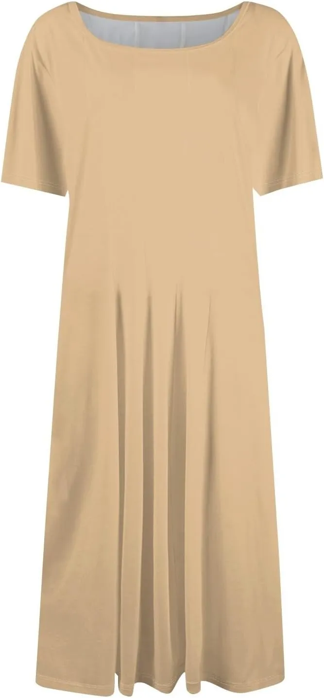 XOWRTE Women Summer Formal Dresses Casual Short Sleeve Midi Dresses Crewneck Solid Color Cocktail Dresses Wedding Guest Dress