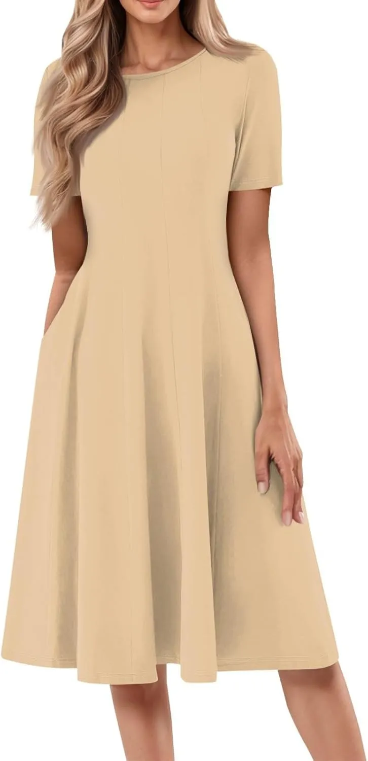 XOWRTE Women Summer Formal Dresses Casual Short Sleeve Midi Dresses Crewneck Solid Color Cocktail Dresses Wedding Guest Dress