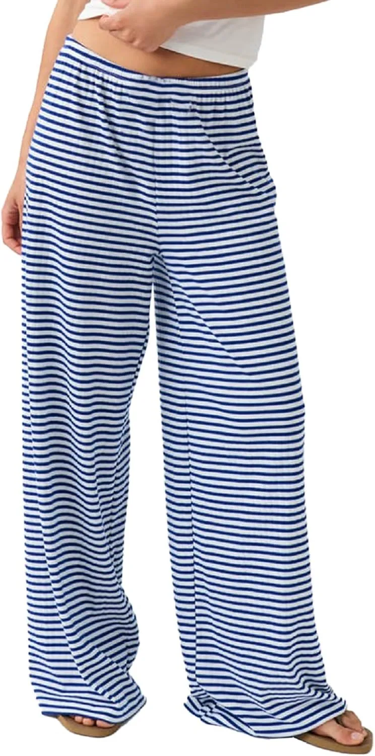 Y2k Striped Pants for Women Wide Leg Drawstring Elastic Low Rise Pajama Pants Lounge Wear Trousers